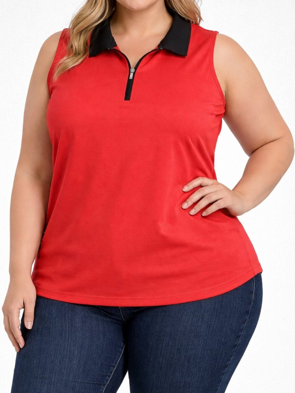 Haggar Women's sleevless tomatoe red top black collar, chic trendy polo - Medium
